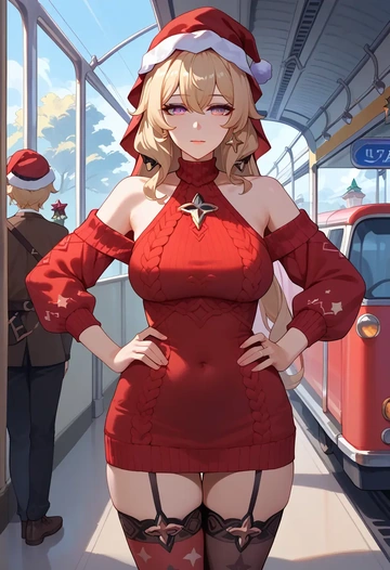 star rail,black swan,Christmas,sweater dress,stockings  - AI generated anime art